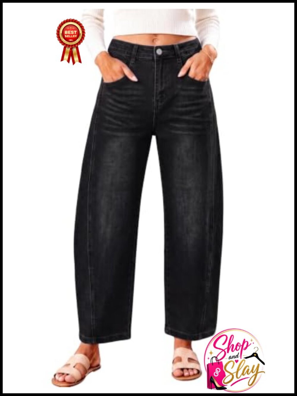 Women's Barrel Cropped Jeans Wide Leg High Waisted Casual Denim Pants